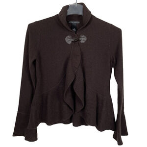 Elena Solano Cashmere Cardigan Sweater Sz M Brown Open Ruffle Peplum Luxury